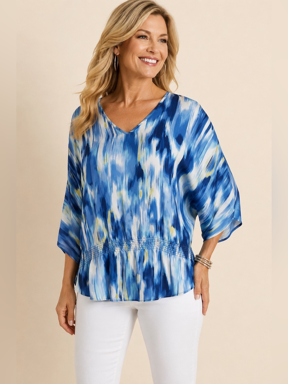 Chico’s Blue Abstract Watercolor Smocked Waist V-Neck Blouse Size 1